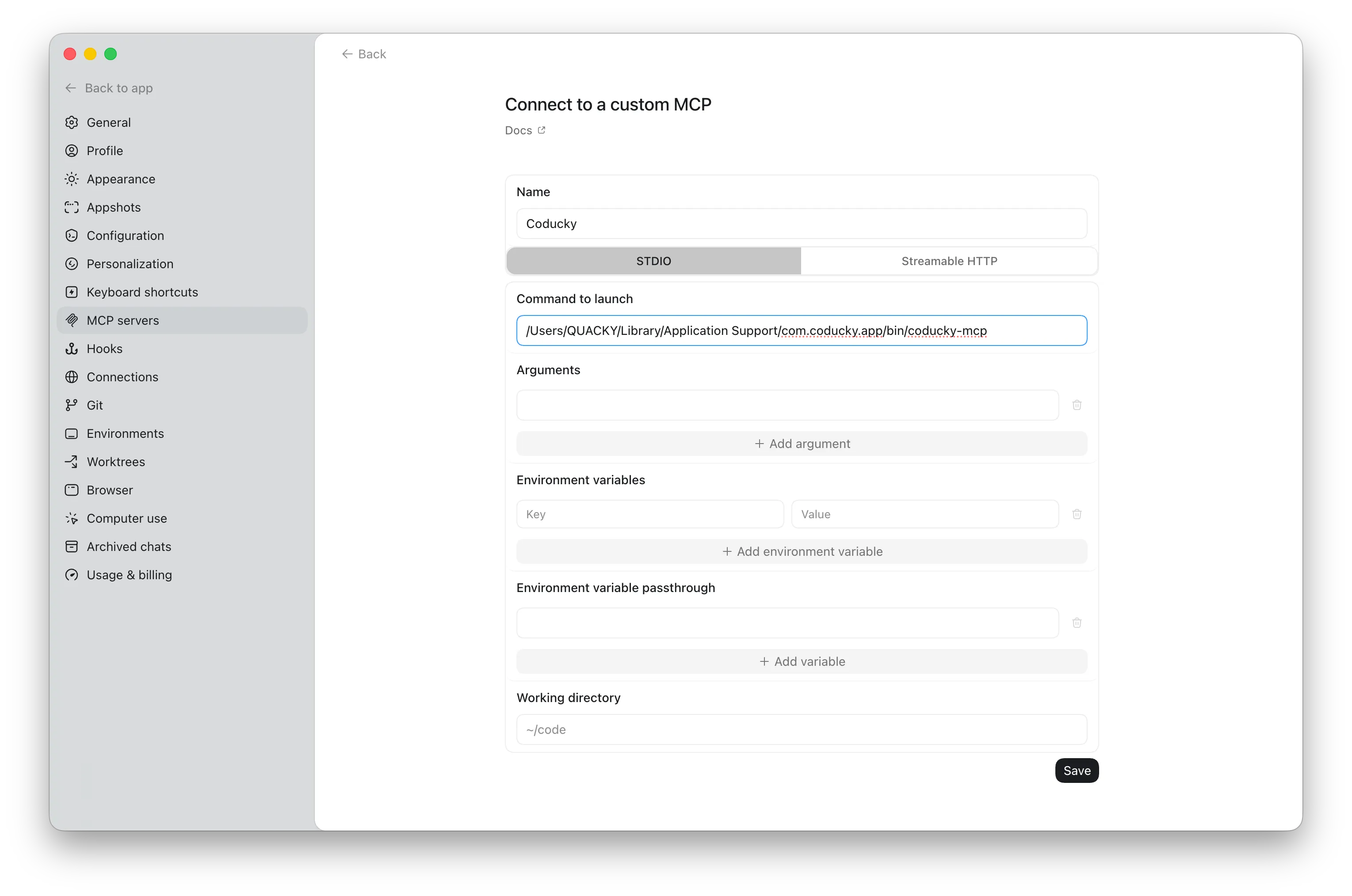 Codex Desktop MCP server settings with Coducky configured as a custom STDIO server.